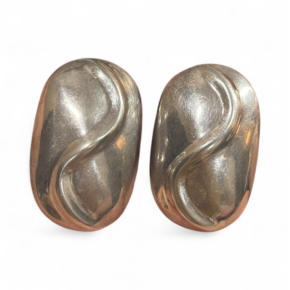 VTG MEXICO Taxco Modernist Clip Earrings 925 Sterling Silver Chunky 30 grams